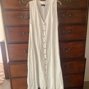 Lovely White Linen Ankle Length Sleeveless Dress- button front - L